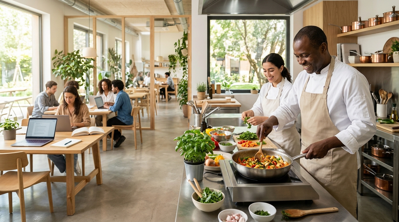 Deux personnes cuisinent dans une cuisine ouverte sur un espace de coworking